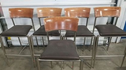 (5) Wood Backed - Brown Pleather Seated - Chrome Legged - Chairs