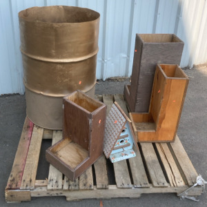 (1) Golden Metal Barrel (1) Bird House (3) Wooden Feeders
