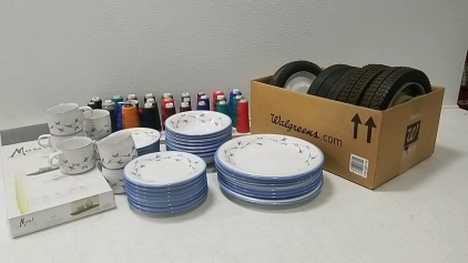 White/Blue Dish set, Floating Wall Shelf, Assortment of Sewing thread, assortment of Cart wheels