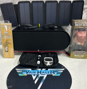 Aperion Aris AP2 Wireless Speaker (Not Bluetooth Compatible), Duck Dynasty &ldquo;Willie&rdquo; Bobble-Head, Solar Power 12,000 mAh Battery Bank, Contour Next EZ Blood Glose Monitor, Van Halen Mouse Pad & Drum Stick Cocktail Stir Sticks
