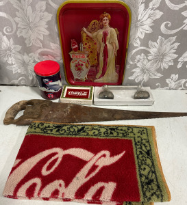 Coca-Cola Soap Dish, Polar Bear Tin, Soap Dish & Small Rug, Rustic Hand Saw Plus NEW Toilet Paper Holder