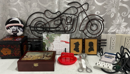 Motorcycle Themed Metal Coat/Hat Rack, Winter Scene Wood Box & More