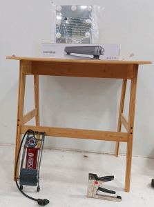 (1) Newvante Wooden Table - Sturdy 31 1/4" W x 29 3/8" H x 23 1/4" Length (1) Hollywood Makeup Mirror (1) Asiyun Soundbar (1) Bell Air Blaster 500 (1) Nail Gun