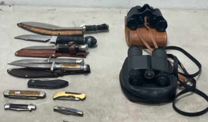 (10) Assorted Knives (2) binoculars