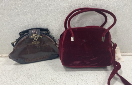 (1) Vintage Brown Leather &ldquo;Jackson&rdquo; Handbag (1) FR Bentley Crossbody Maroon Velvet Purse