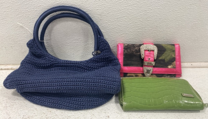 (1) Blue Crocheted Bag (1) Pink Camo Bedazzled Wallet (1) Lizard Green Skin Print Rossetti Wallet