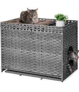 (1) Cat Litter Box Enclosure with Soft Litter Mat; Hidden Washroom Furniture with Door; Handwoven Rattan Cat House with Large Space; Pet Crate for Living Room, Bedroom, Balcony (Grey)