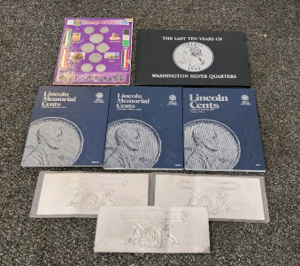 (3) Lincoln Memorial Cents Books With Coins, Washington Silver Quarter Book, And More