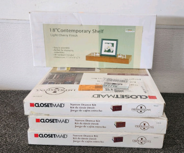 (3) Closetmaid Narrow Drawer Kits (Dark Cherry) And 18" Contemporary Shelf Kit (Light Cherry)