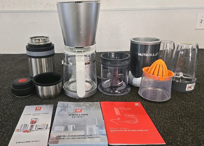 (1) NutriBullet Set (1) ZWILLING Enfinigy Coffee Maker (1) Large Thermos