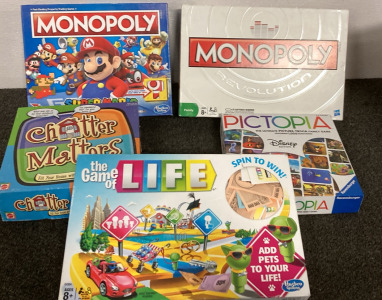 (5) Board Games, Monoploy Revolution, Monopoly Super Mario Celebration, Chatter Matters, Pictopia Disney Edition Life. Please Inspect.