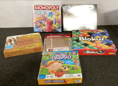 (6) Board Games, Monopoly Builder, Deal Or No Deal, Blokus, Unsolved Case Files, HiHo Cherry-O, Please Inspect.