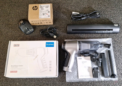 (1) SUITU WIRELESS HANDHELD VACUUM, (1) VISIONEER STROBE XP100 SCANNER & (1) HP WIRELESS PREMIUM MOUSE KIT
