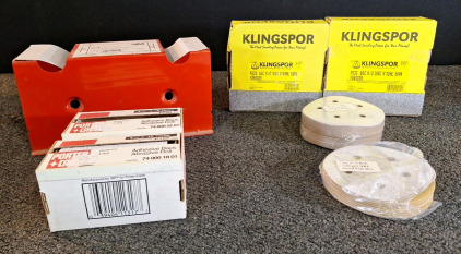 (2) BOXES OF 6" SANDING DISKS, 60 GRIT, 80 GRIT, (1-1/2) Packs OF 5" SANDING DISKS, 120 GRIT & (1) 3M DOUBLE ROll DISPENSER & (2) ADHESIVE BACKED ABRASIVE ROLLS, 180 GRIT & 120 GRIT