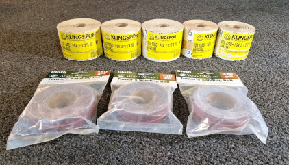(5) 2-1/2" WIDE SANDPAPER ROLLS, 80 GRIT, 100 GRIT, 120 GRIT, 150 GRIT & 220 GRIT & (3) 1" WIDE SANDPAPER ROLLS, (2) 150 GRIT & (1) 320 GRIT