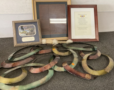 (1) 12&rdquo;x 12&rdquo; Frames Eagle Decor, (1) 18.5&rdquo;x 14.5&rdquo; Framed The Americans Creed Decor, (1) 19&rdquo; x 22.5&rdquo; Frames Congress Of the United States Decor, (1) Large Metal Decore, (1) Leather And Fur Rattle Decor. Please Inspect.