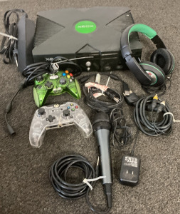 Original Xbox (Untested, No Power Plug), Headset, Surge Protector (Slightly Damaged). Please Inspect.