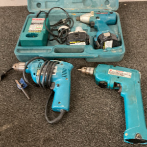 Makita Cordless Impact Driver (Untested, Batteries Need Chargerd), Cordless Driver Drill (Untested, No Battery), Corded Drill (Tested, Does Work).