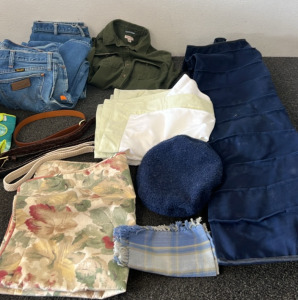 (3) Wrangler Jeans (Size 42x30) (1) Gardening Gloves, (3)Belts, (3) Pillow Cases, (1) Shoe Organizer. Please Inspect.