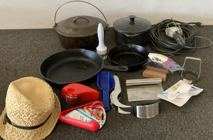 (4) Cast Iron Pots And Pans, Shop Light, Assortment Of Kirchen Gadgets. Please Inspect.