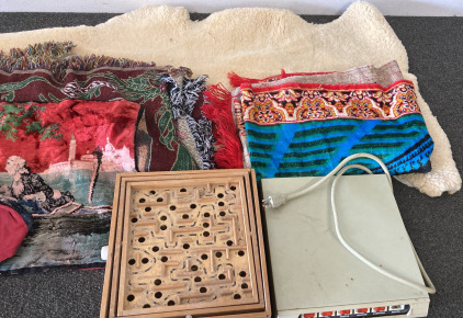 (2) Tablecloths, Lamb Skin, Vintage Maze, Vintage Surge Protector (Untested, Master Switch Is Broken. Please Inspect.