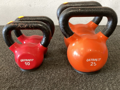 (2) 25LBS Kettlebells, (2) 10 lbs Kettlebells, Please Inspect.