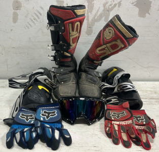 Riding Boots, Gloves, Shin Gards, And Goggles
