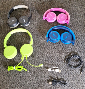 (4) ALTEC LANSING KID SAFE NOISE CANCELING WIRED OR WIRELESS HEADPHONES, W/ (2) CHARGING CABLES & (2) AUDIO PATCH CABLES