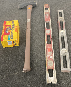 Ames Axe, (2) Vinyage Levels, Eveready 3 Quick Charging Batteries, Please Inspect.