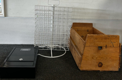 Locking Mailbox, Spinning Racl, And Wood Bin