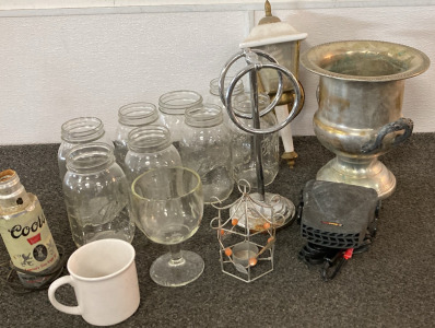 Champagne Ice Bucket, (8) Jars, Car Fan/Heater (Untested Has Cigarette Lighter Plug), And More, Please Inspect.