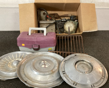 (3) Vintage Hubcaps, Small Tackle Box, Vintage Rake Heads, Variety Vintage Gauges Tools And More. Please Inspect.