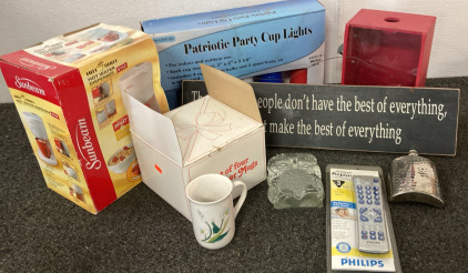 (4) Designer Mugs, Sunbeam Hotshot Hot Water Dispenser, Patriotic Party Cup Lights, Universal Remote, Flask, Wall Art, Glass &Ouml;wl Glas Decore, Please Inspect.