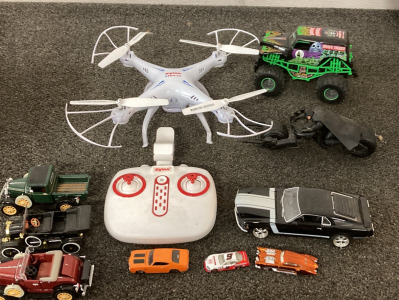 Zyma X5SW-V3 (Tested Does Fly), (3) Vintage Car Models, (4) Variety Sizes Diecast Cars, Batman on Bat Bike, Grave Digger Remote Control Car ( No Remote). Please Inspect.