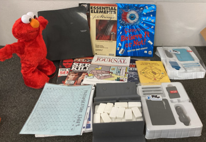 Hokey Pokey Elmo, Ripleys Believe It Or Not, (2) Car Set Cases, Dominos, Variety Magazines. Please Inspect.