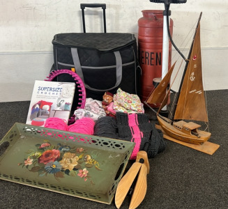 Antique Metal Container, Schwin Bike Pump, Wooden Model Ship, Decorative Tray, Bag With Variety Yarn And Fabrics And More, Please Inpect.
