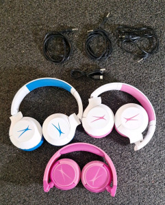 (3) ALTEC LANSING KID SAFE NOISE CANCELING WIRED OR WIRELESS HEADPHONES, W/ (1) CHARGING CABLE & (3) AUDIO PATCH CABLES