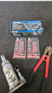 (1) Cen-Tech Digital Photo Sensor Tachometer (1) Pair of Wireless Cutters (1) Hydraulic Jack (2) UDAP Pepper Power Pepper Sprays