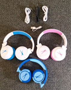 (3) ALTEC LANSING KID SAFE NOISE CANCELING WIRED OR WIRELESS HEADPHONES, W/ (1) CHARGING CABLE & (3) AUDIO PATCH CABLES