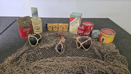 (10) Different Tins for Storage (1) Spice Rack with Vintage Spice Containers (1) Decorative Fishing Net (3) Decorative Glass Balls (1) Billy Can