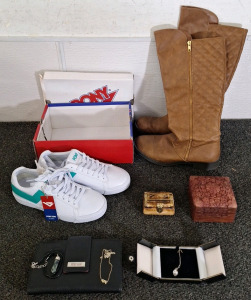 (1) PAIR WOMEN'S PONY TENNIS SHOES SIZE 8, (1) PAIR WOMEN'S BOOTS SIZE 8-1/2 & MORE
