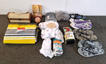 (1) 48" x 72" FALSA BLANKET, (1) 30" X 40" BABY BLANKET, (12) ASSORTED PAIRS OF SOCKS & MORE