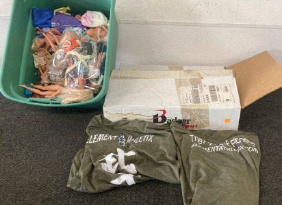 Box of Element Athletix Shirts (Vatiety Of Sizes). Tub Of Barbies And Clothes, Please Inspect.