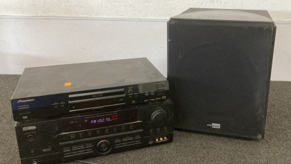 KLH Audio Receiver (Tested Does Turn On), RolkOlsen Sub (Untested), Pioneer Elite DVD Player (Untested, No Power Cord). Please Inspect.