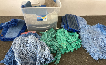 Tote Of Mop Heads Nad Rugs, please inspect.