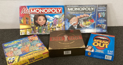 (5) Game Boards, Ms. Monopoly, Monopoly Super Electronic Banking, SpongeBob 100 Games Collection, Box One Speak Out. Please Inspect.