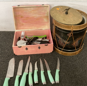 Vintage American Eagle Drum Ice Bucket, Set Of Epicure Knives, And More Please Inspect.