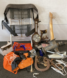 Aluminium Back Pack Frame, Vintage Weather Station, BSU Fan Gear, Vintage Universal Meat Grinder, Silver Plated Setving Fork, Vintage Electric Meat Carver, And More, Please Inspect.
