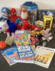Variety Kids Toys, Large Marvel Plushes, Vintage Mickey Mouse Bobble Head, And More, Please Inspect.