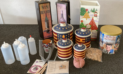 Jay Import American Flags Canisters Set Of 4, (2) Vintage Wine Bixes, The American Century Canister, And More, Please Inspect.